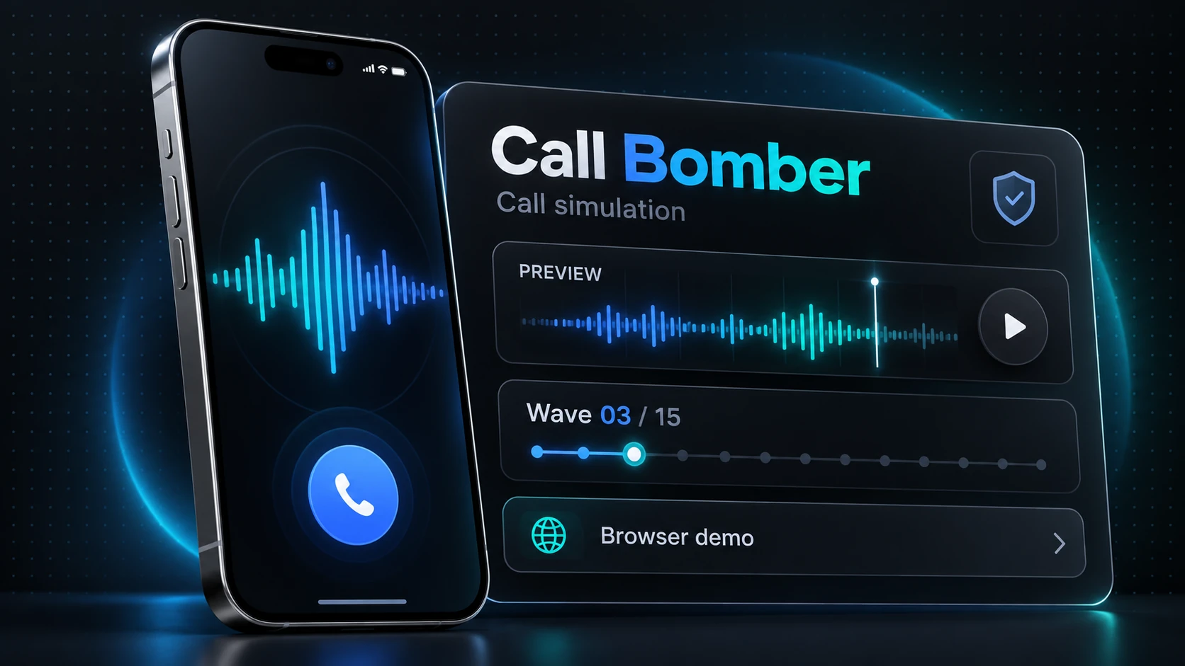 Call Bomber APK for Android: a phone showing a call-wave simulation beside a dashboard with wave progress